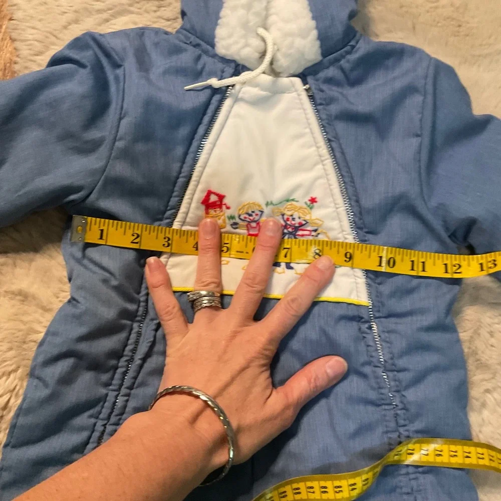 Vintage Snowsuit Baby Bunting Blue Embroidered Hand Foot Covers Removable Hooded